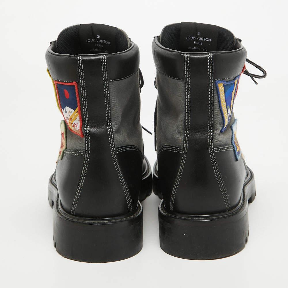 Louis Vuitton Black/Grey Leather and Canvas Metropolis Ranger Boots Size 42 For Sale 2