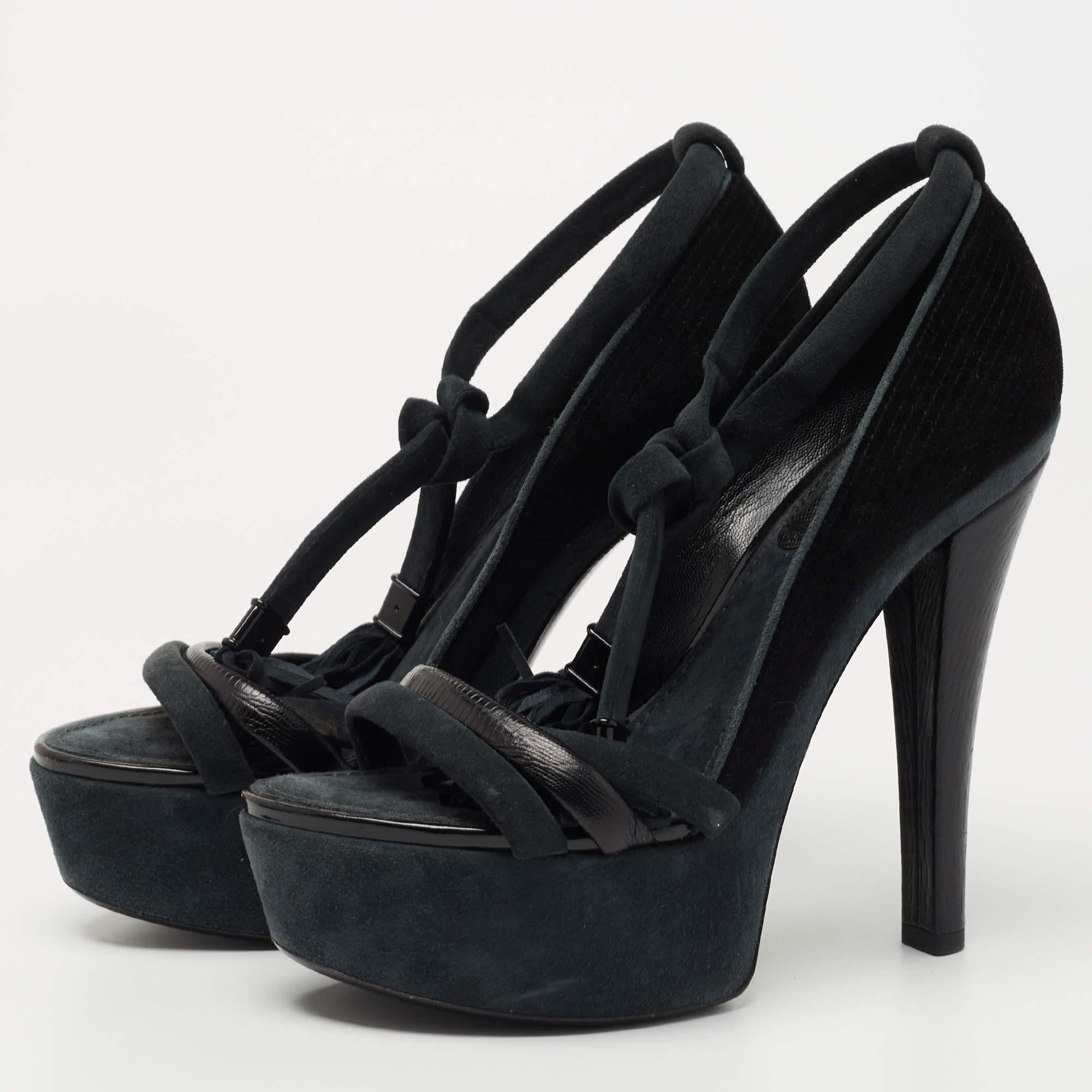 Women's Louis Vuitton Black /Grey Leather and Suede Platform Sandals Size 38 For Sale