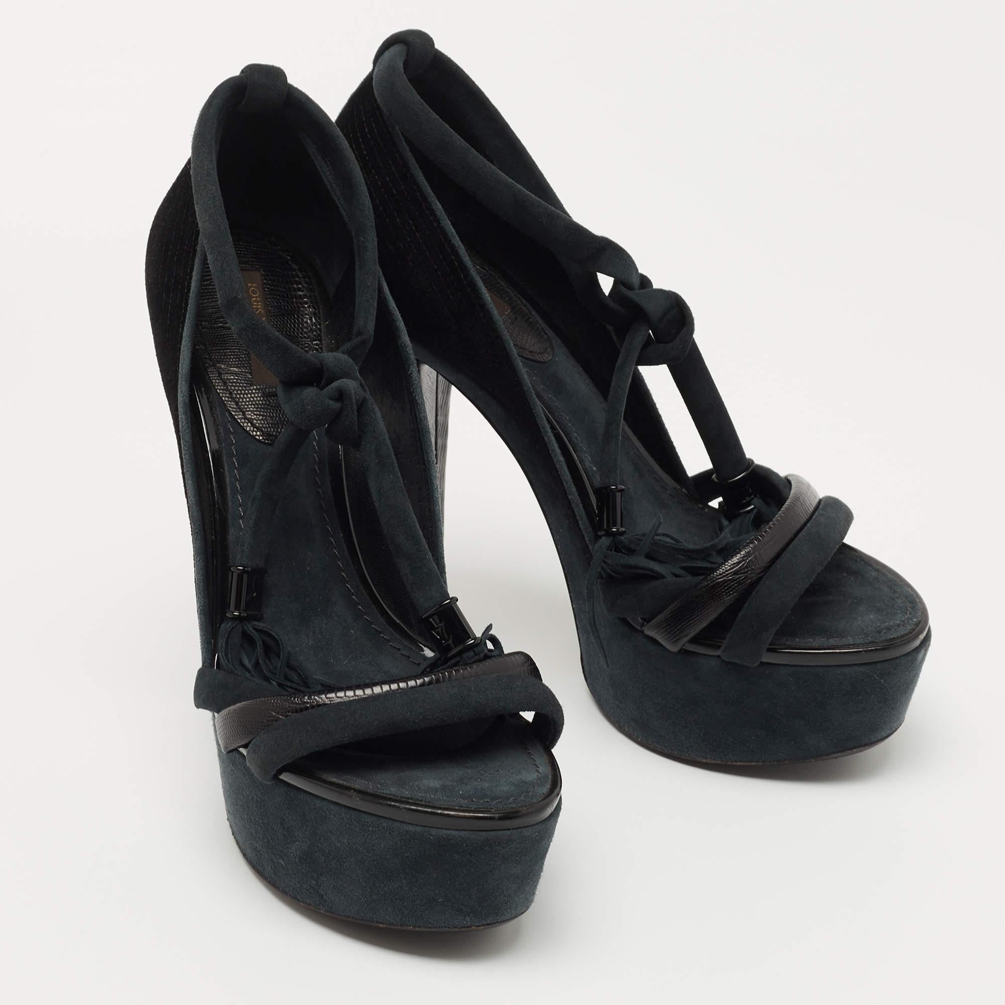Louis Vuitton Black /Grey Leather and Suede Platform Sandals Size 38 For Sale 1