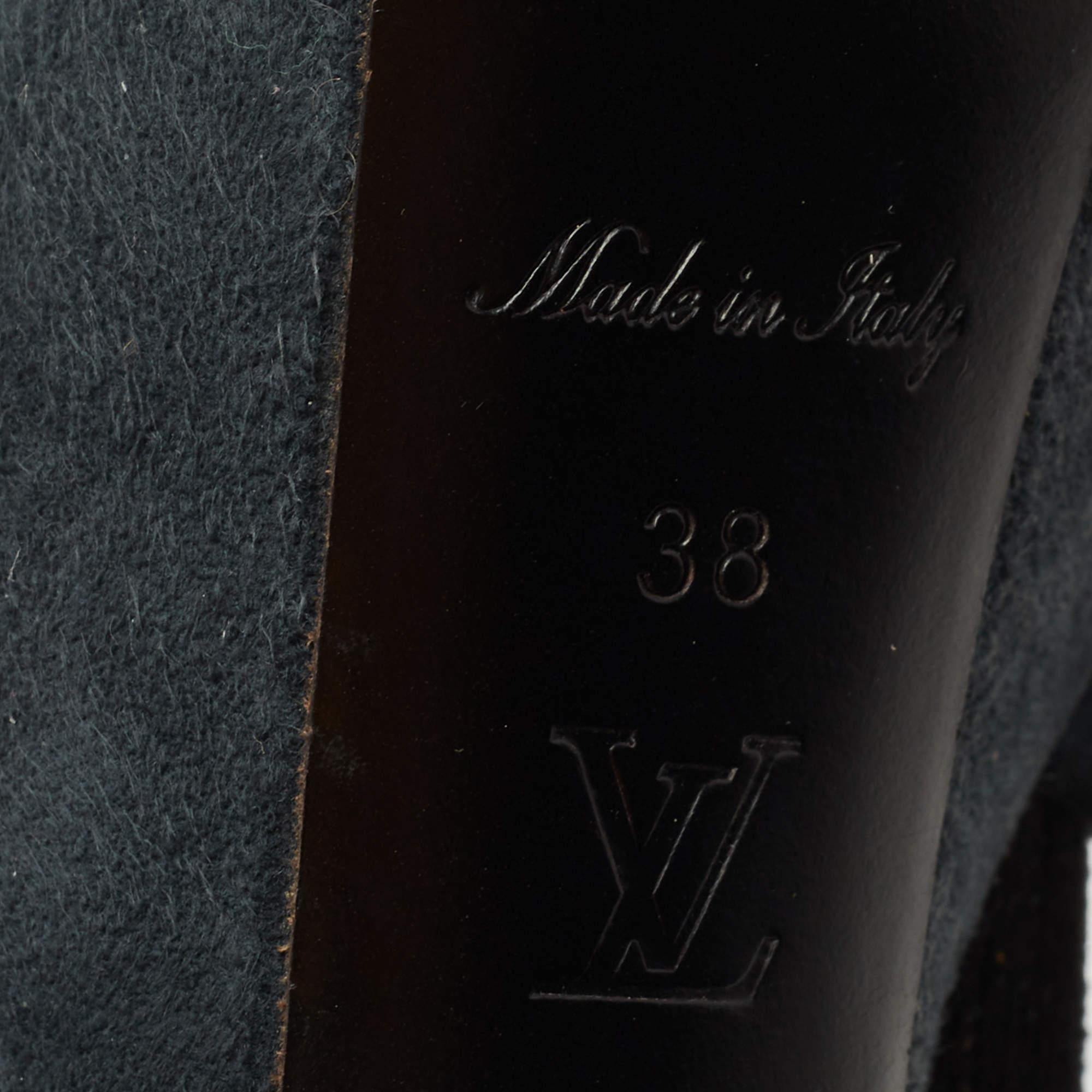 Louis Vuitton Black /Grey Leather and Suede Platform Sandals Size 38 For Sale 3