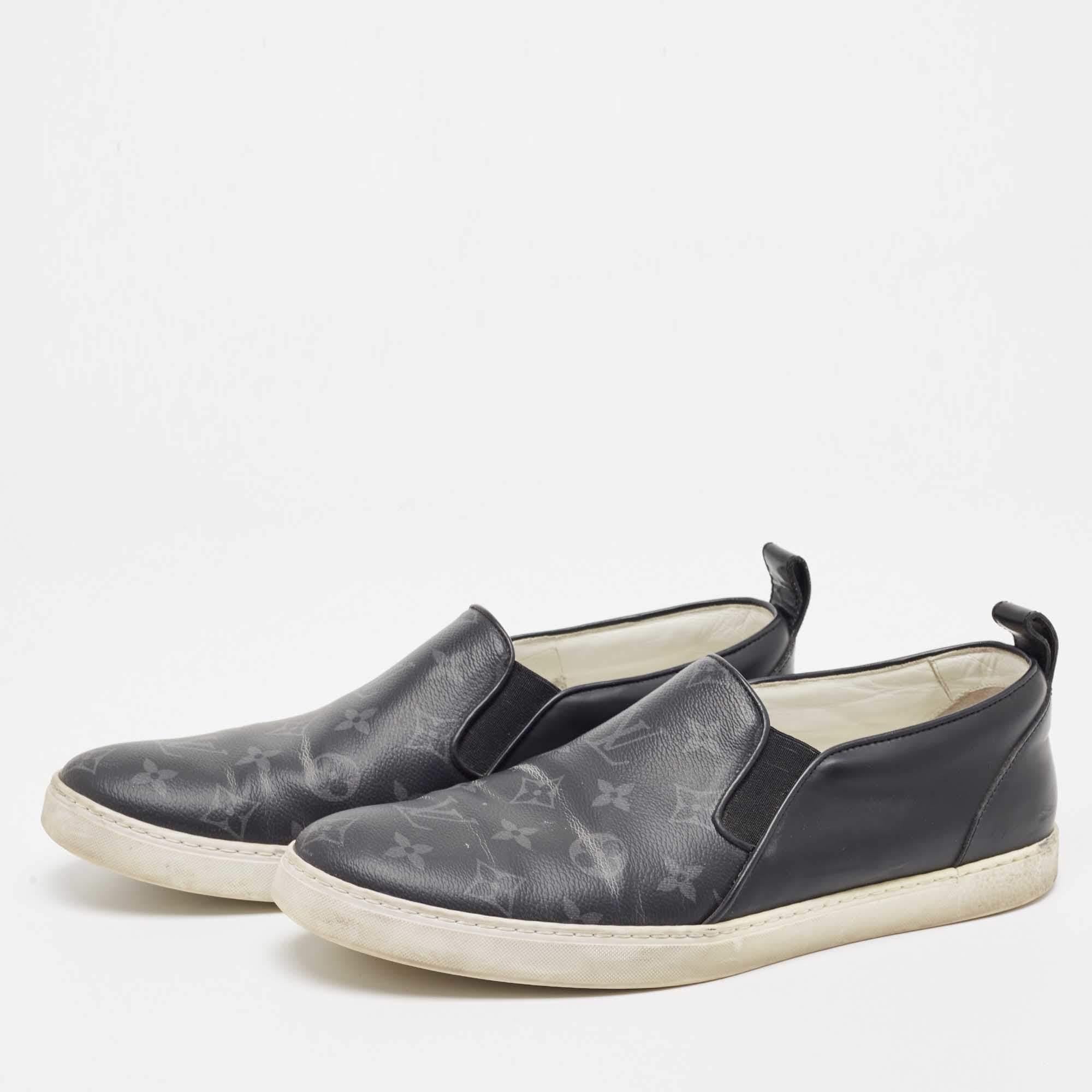 Gray Louis Vuitton Black/Grey Monogram Canvas and Leather Slip On Sneakers Size 42.5 For Sale