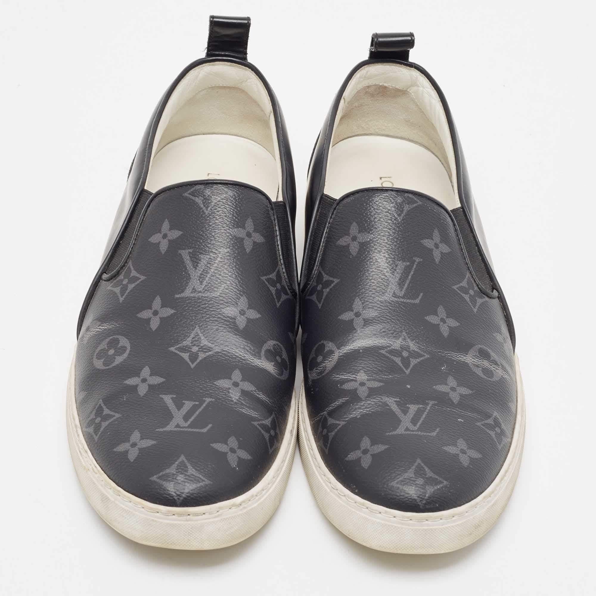 Men's Louis Vuitton Black/Grey Monogram Canvas and Leather Slip On Sneakers Size 42.5 For Sale