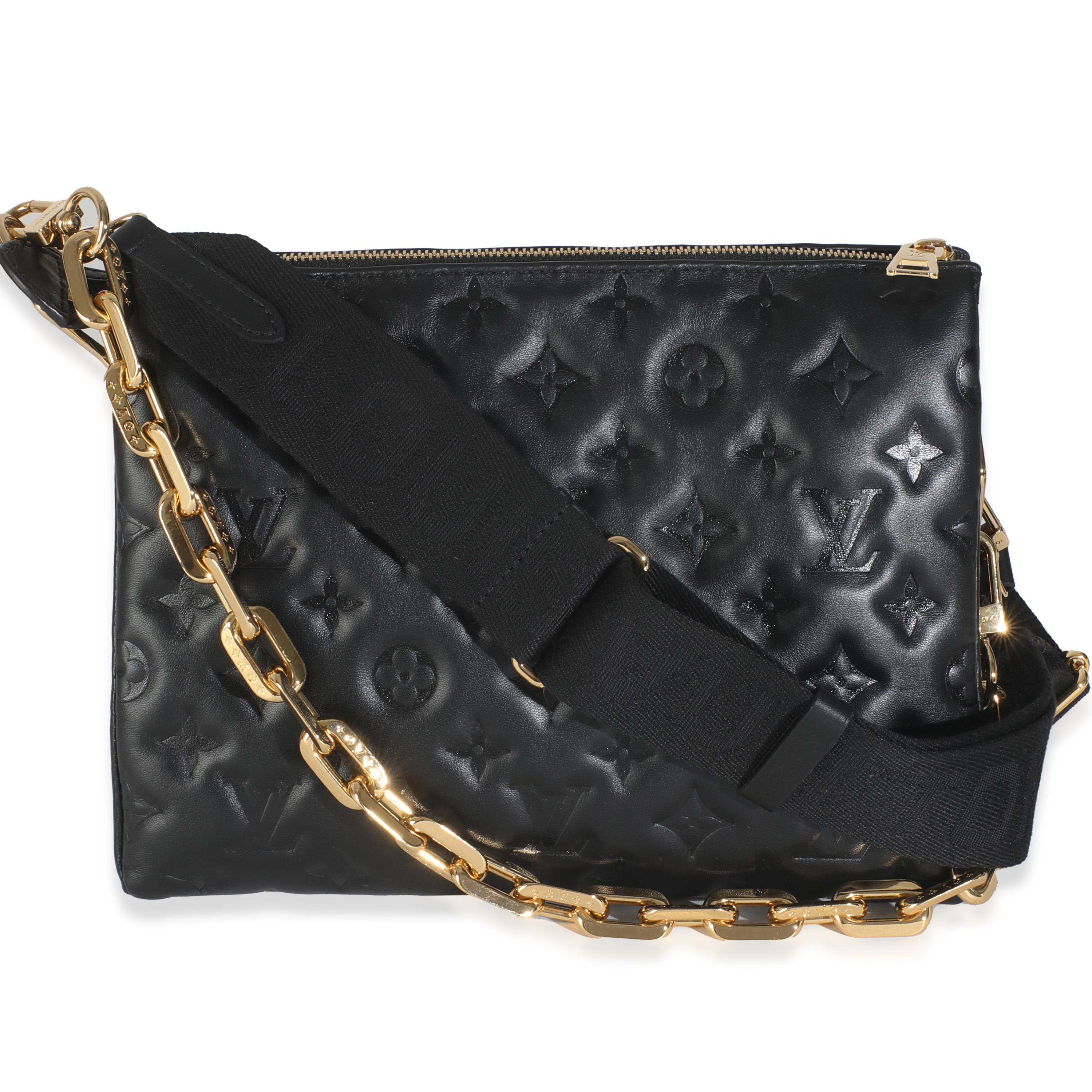 Listing Title: Louis Vuitton Black Lambskin Embossed Monogram Coussin PM
SKU: 145349
Condition: Pre-owned 
Handbag Condition: Excellent
Condition Comments: Item is in excellent condition and displays light signs of wear. Light scratching along