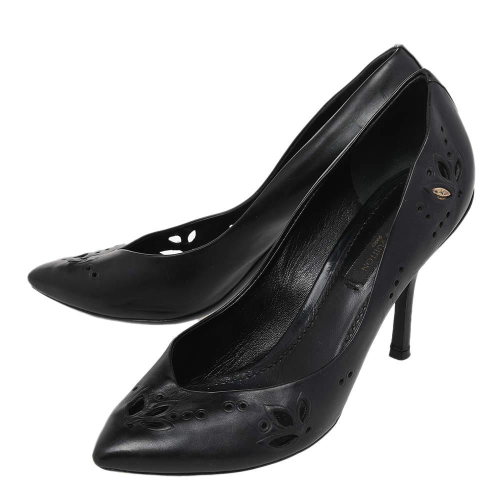 Women's Louis Vuitton Black Laser Cut Leather Pointed Toe Pumps Size 36.5