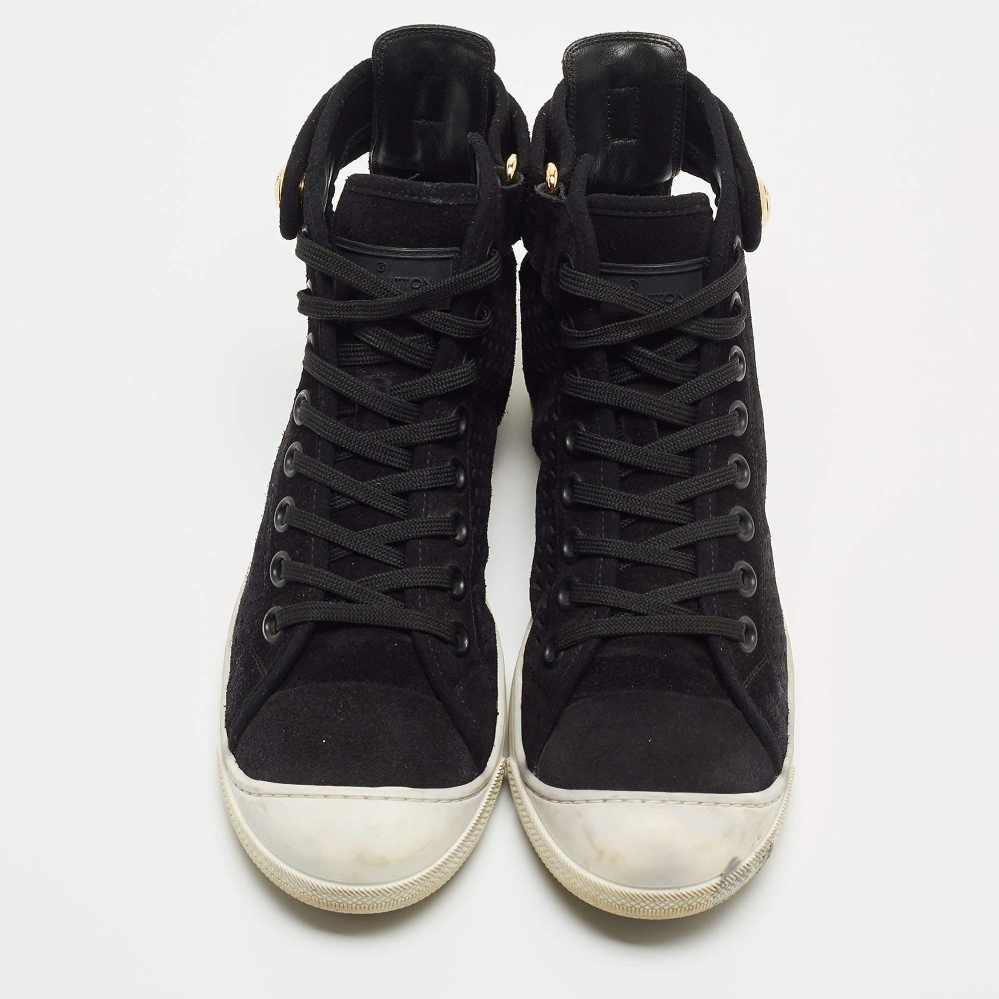 Louis Vuitton Black Laser Cut Suede High Top Sneakers Size 37 In Good Condition For Sale In Dubai, Al Qouz 2