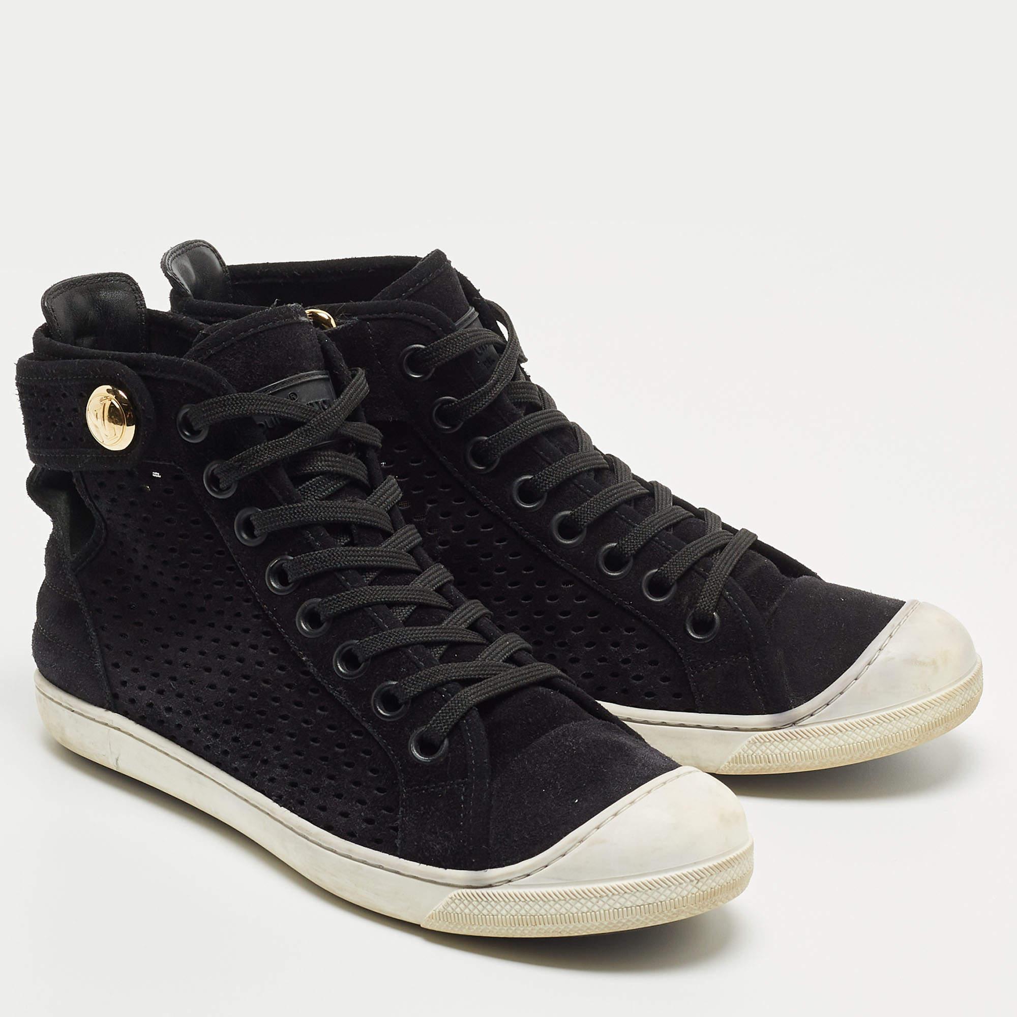 Women's Louis Vuitton Black Laser Cut Suede High Top Sneakers Size 37 For Sale