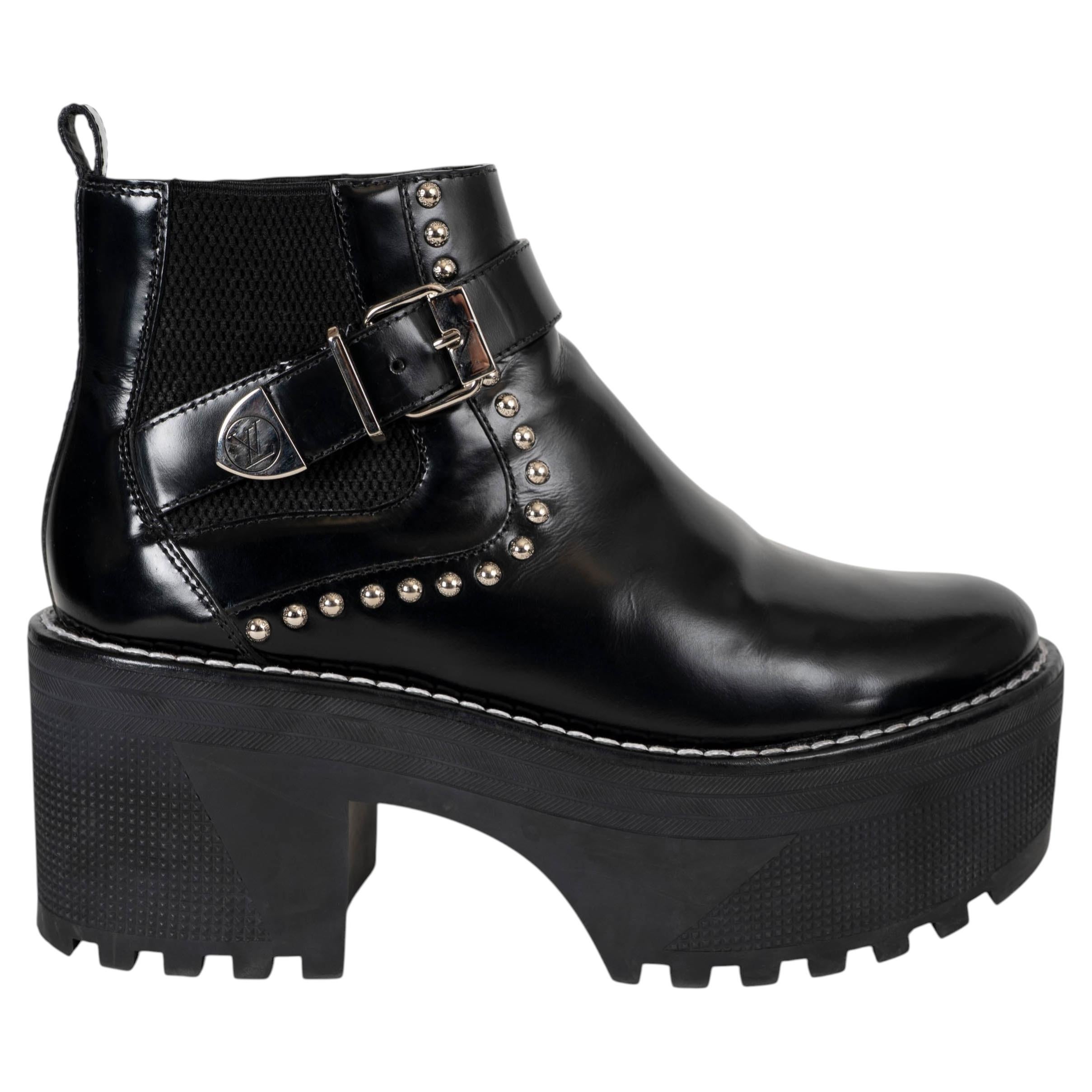 LOUIS VUITTON black leather 2016 STUDDED CHUNKY Ankle Boots Shoes 36