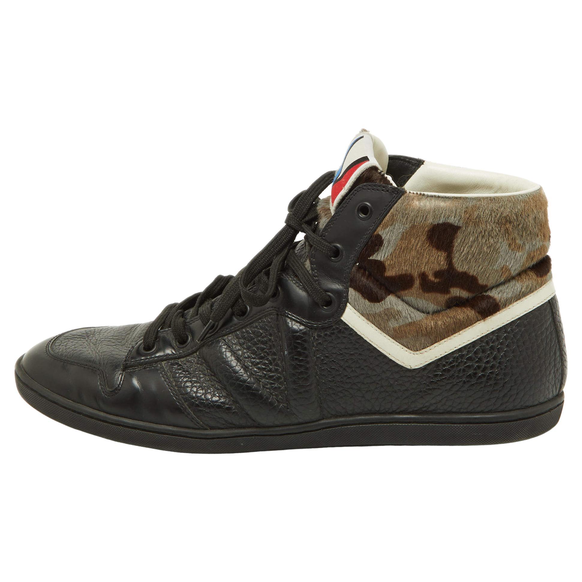 Louis Vuitton Black Leather and Calfhair Trainer High Top Sneakers Size 43 For Sale