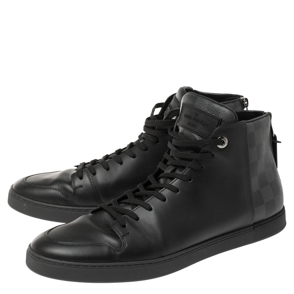 Men's Louis Vuitton Black Leather and Damier Graphite Canvas High Top Sneaker Size42.5
