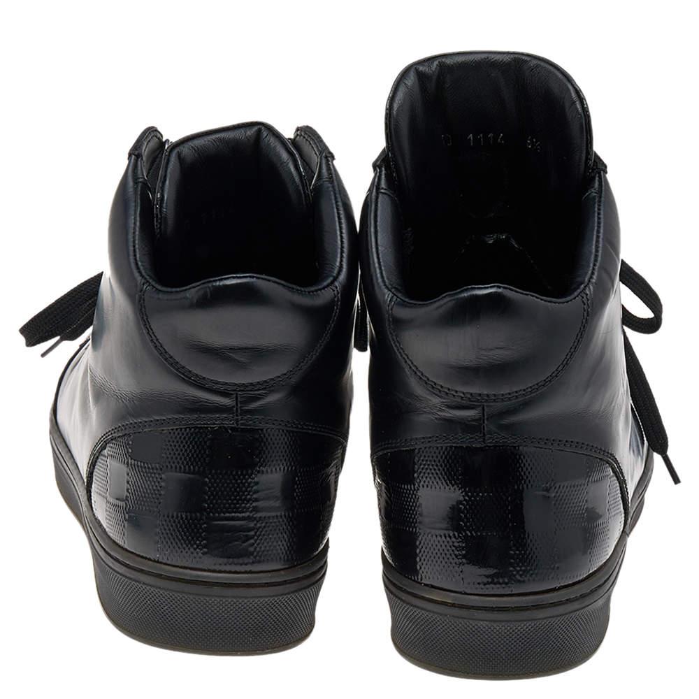 Louis Vuitton Black Leather And Damier Patent Leather High Top Sneakers Size 40. In Good Condition For Sale In Dubai, Al Qouz 2