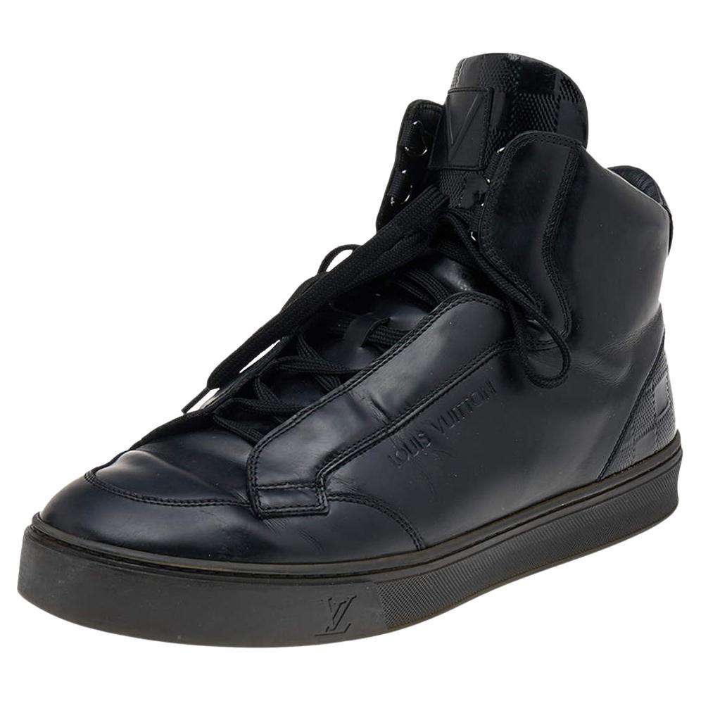 Louis Vuitton Black Leather And Damier Patent Leather High Top Sneakers Size 40. For Sale