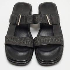 Louis Vuitton Black Leather and Logo Canvas Slide Sandals