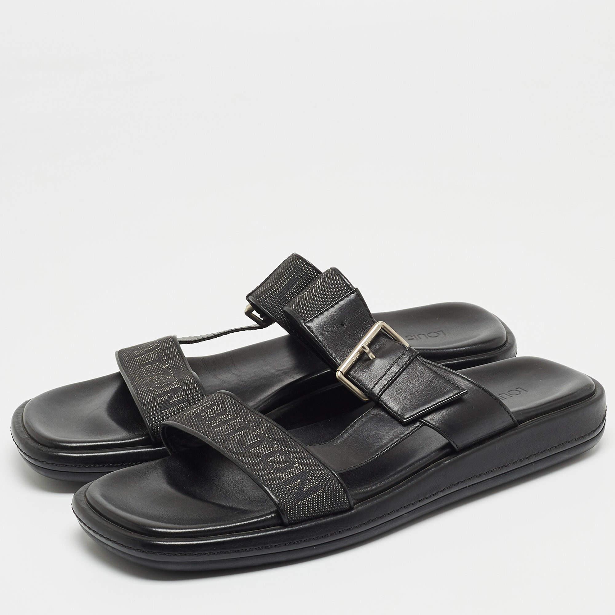 Men's Louis Vuitton Black Leather and Logo Canvas Slide Sandals  For Sale