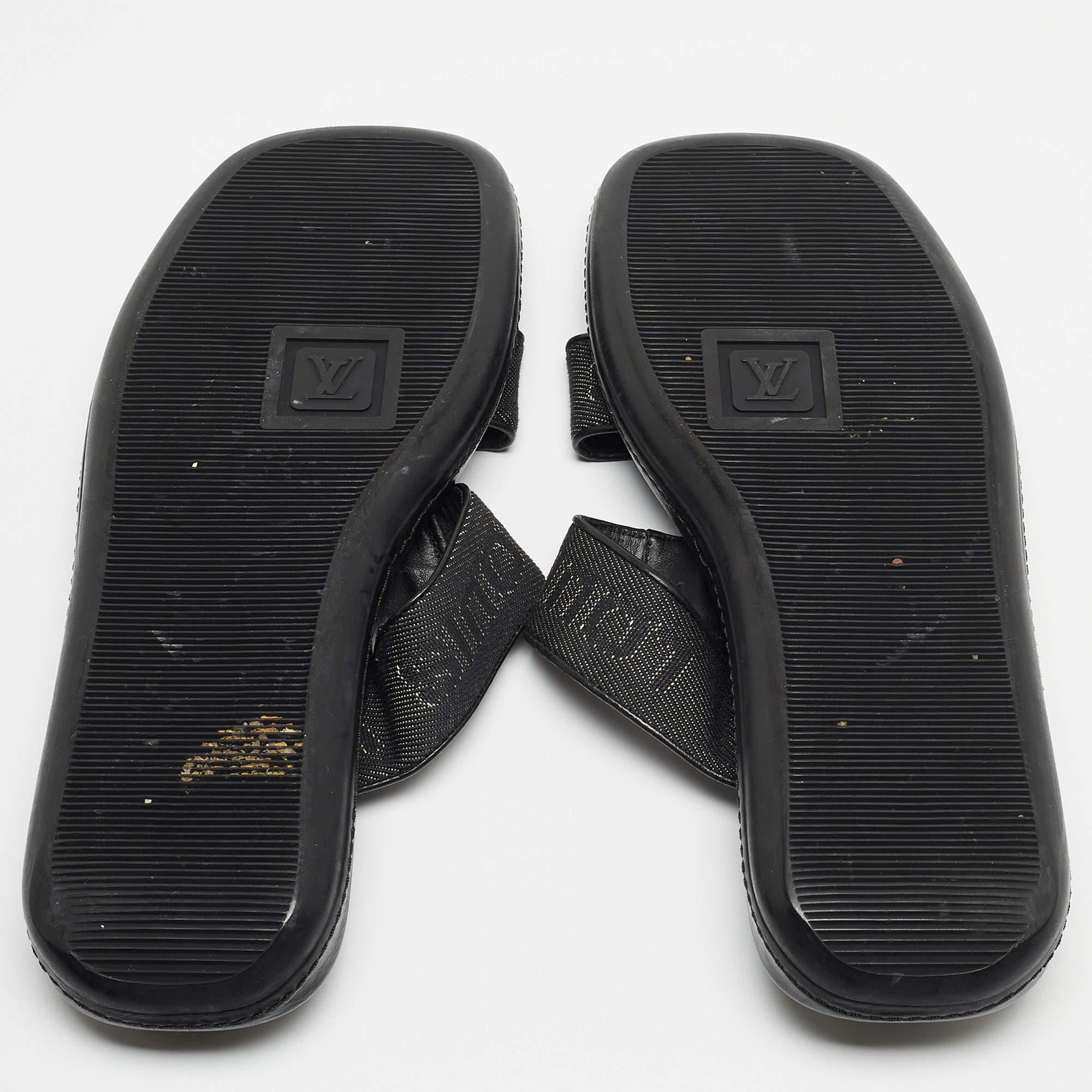 Louis Vuitton Black Leather and Logo Canvas Slide Sandals  For Sale 3