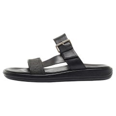 Used Louis Vuitton Black Leather and Logo Canvas Slide Sandals 