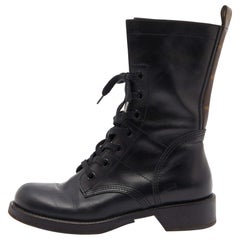 Louis Vuitton Black Leather and Monogram Canvas Lace Up Ankle Boots Size 38