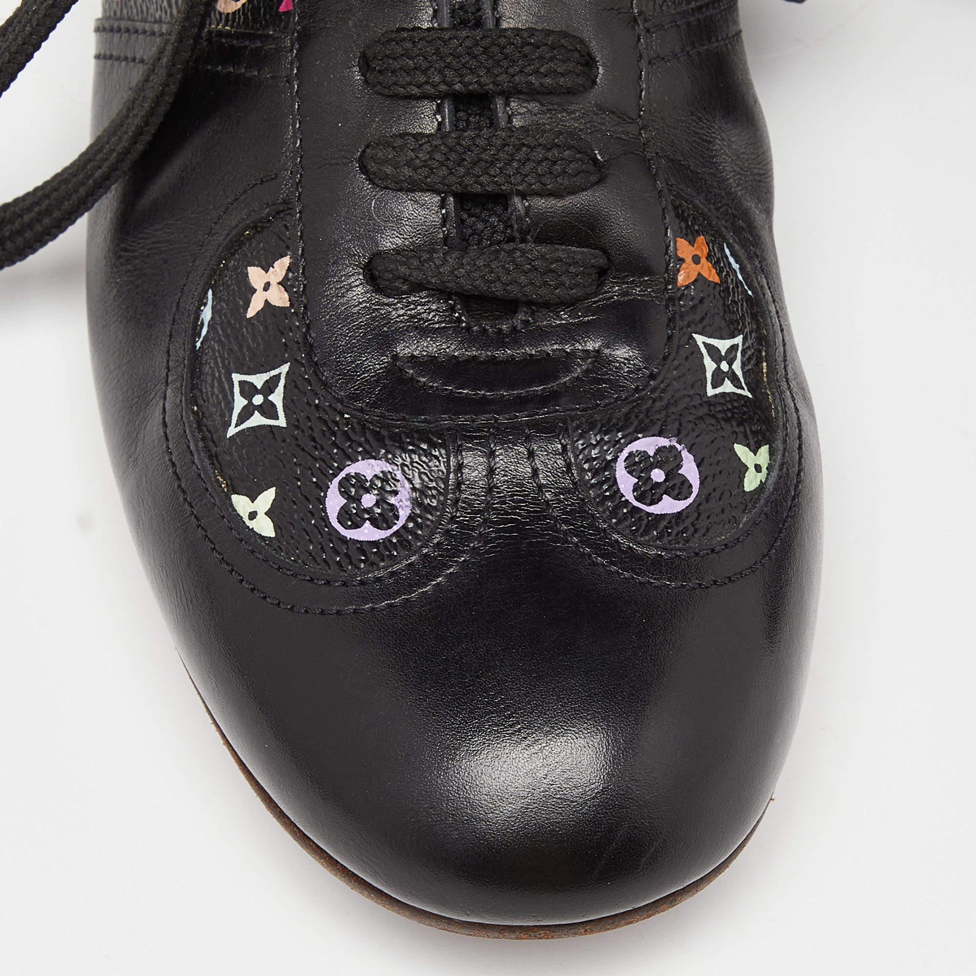 Women's Louis Vuitton Black Leather and Monogram Canvas Low Top Sneakers Size 36 For Sale