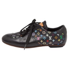 Used Louis Vuitton Black Leather and Monogram Canvas Low Top Sneakers Size 36