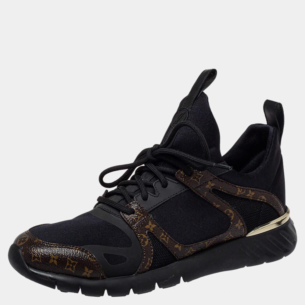 This classy and casual pair of sneakers from Louis Vuitton is a must-have! They are made from plush satin, mesh, and monogram canvas and come in lovely shades of black and brown. It flaunts the brand label on the counters, lace-ups on the vamps, and