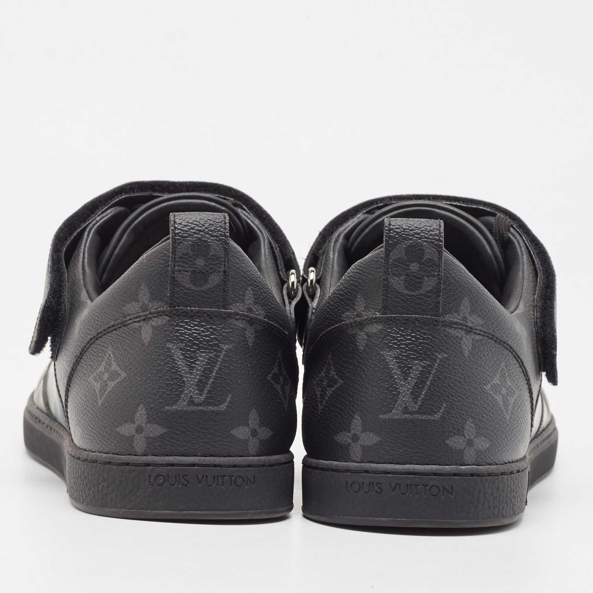 Men's Louis Vuitton Black Leather and Monogram Canvas Velcro Low Top Sneakers Size 42. For Sale