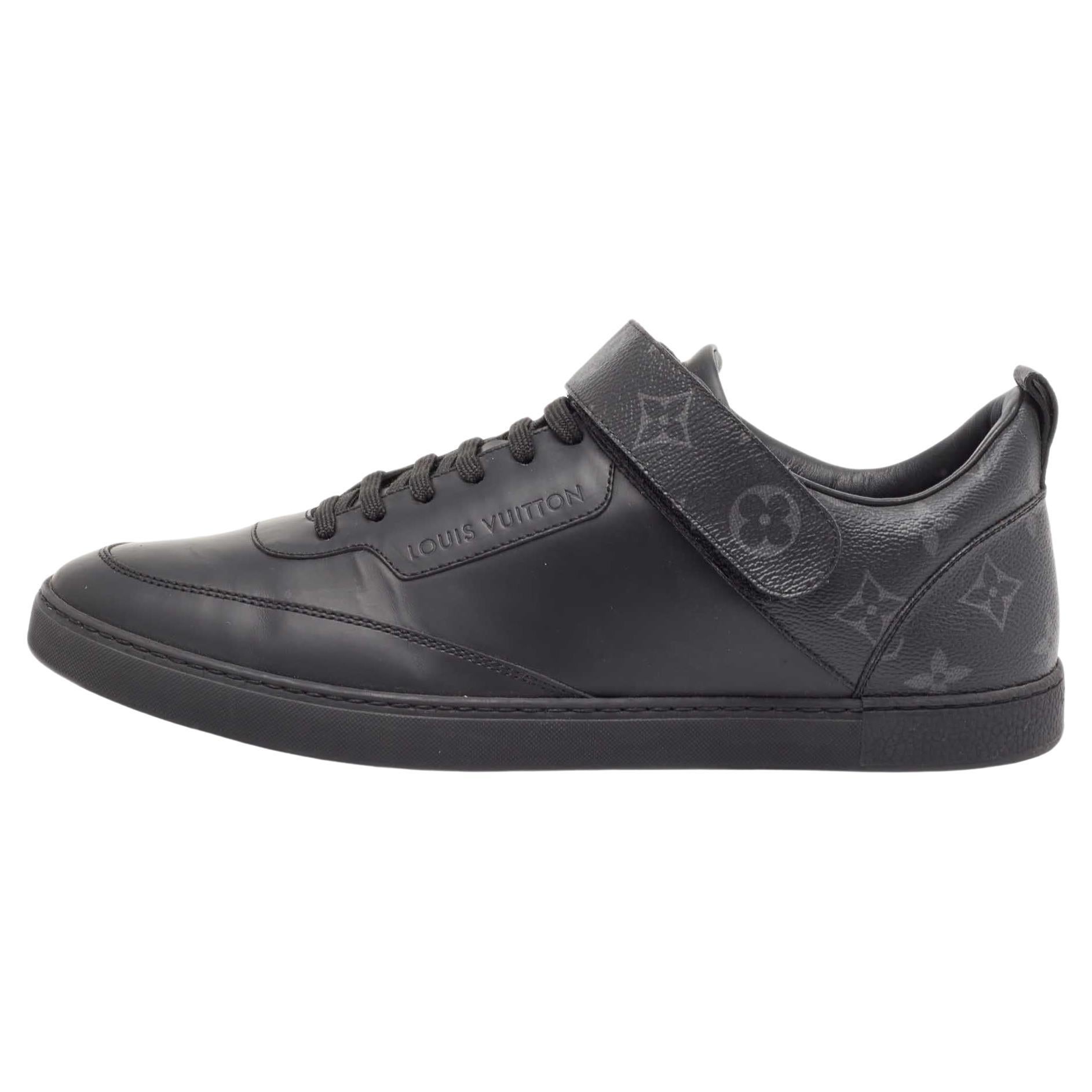 Louis Vuitton Black Leather and Monogram Canvas Velcro Low Top Sneakers Size 42. For Sale