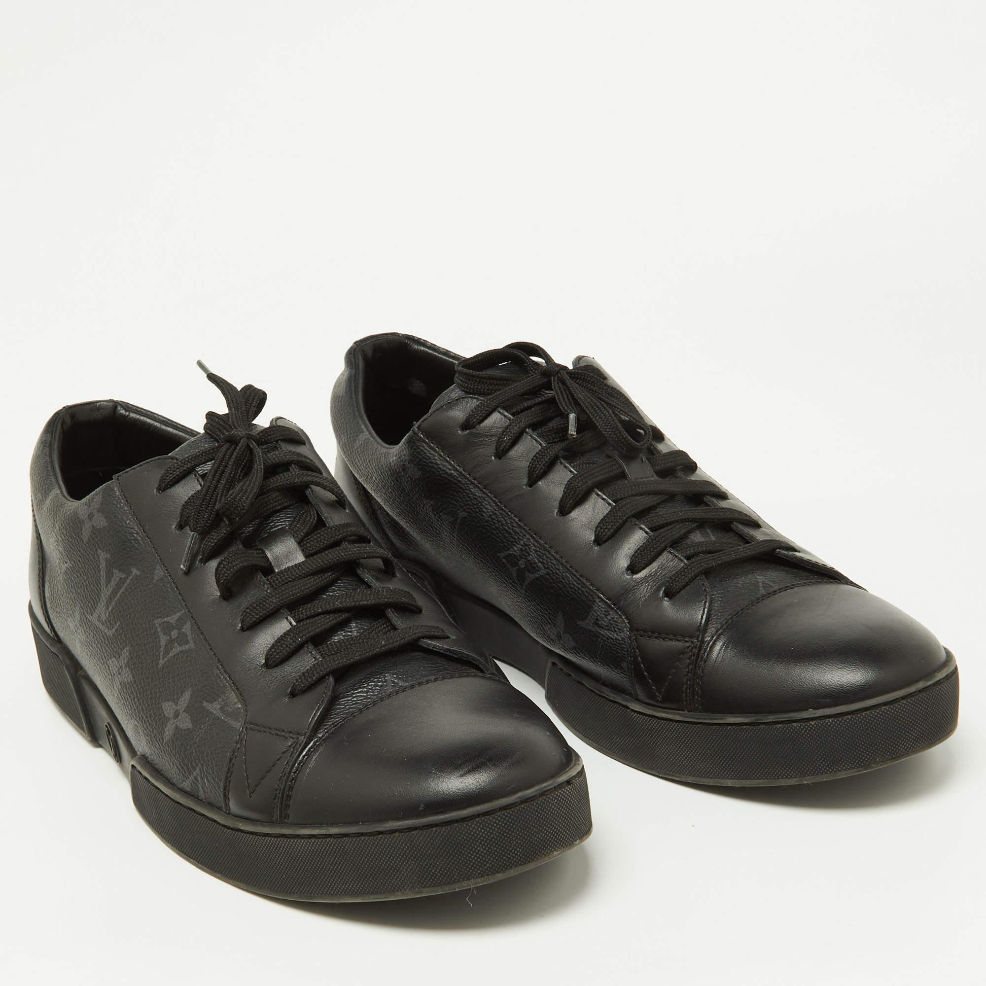 Louis Vuitton Black Leather and Monogram Eclipse Canvas Match Up Sneaker Size 42 For Sale 1