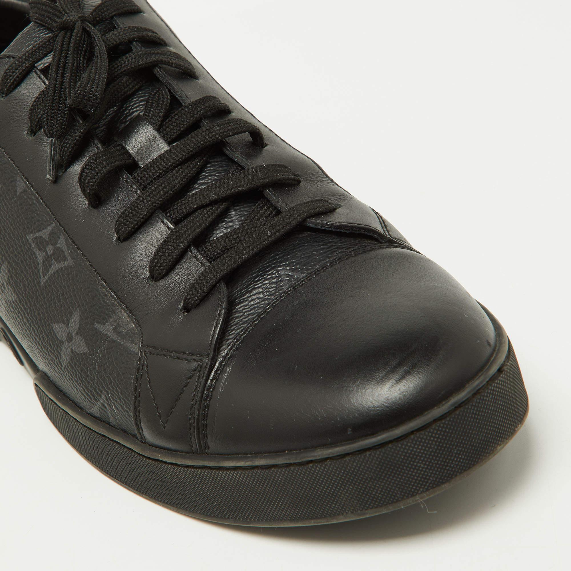 Louis Vuitton Black Leather and Monogram Eclipse Canvas Match Up Sneaker Size 42 For Sale 2