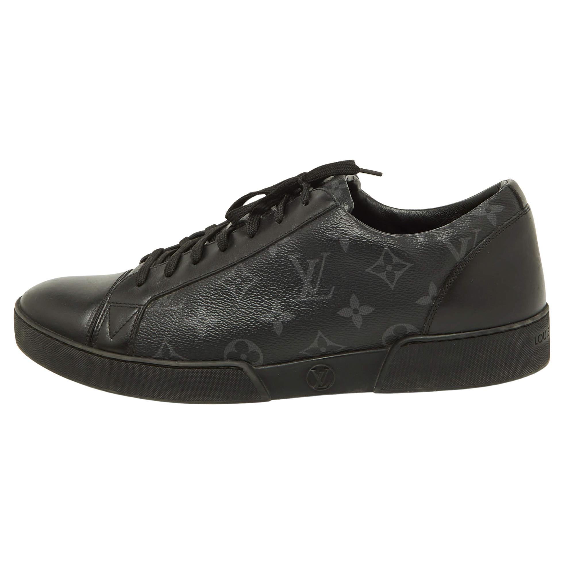 Louis Vuitton Black Leather and Monogram Eclipse Canvas Match Up Sneaker Size 42 For Sale