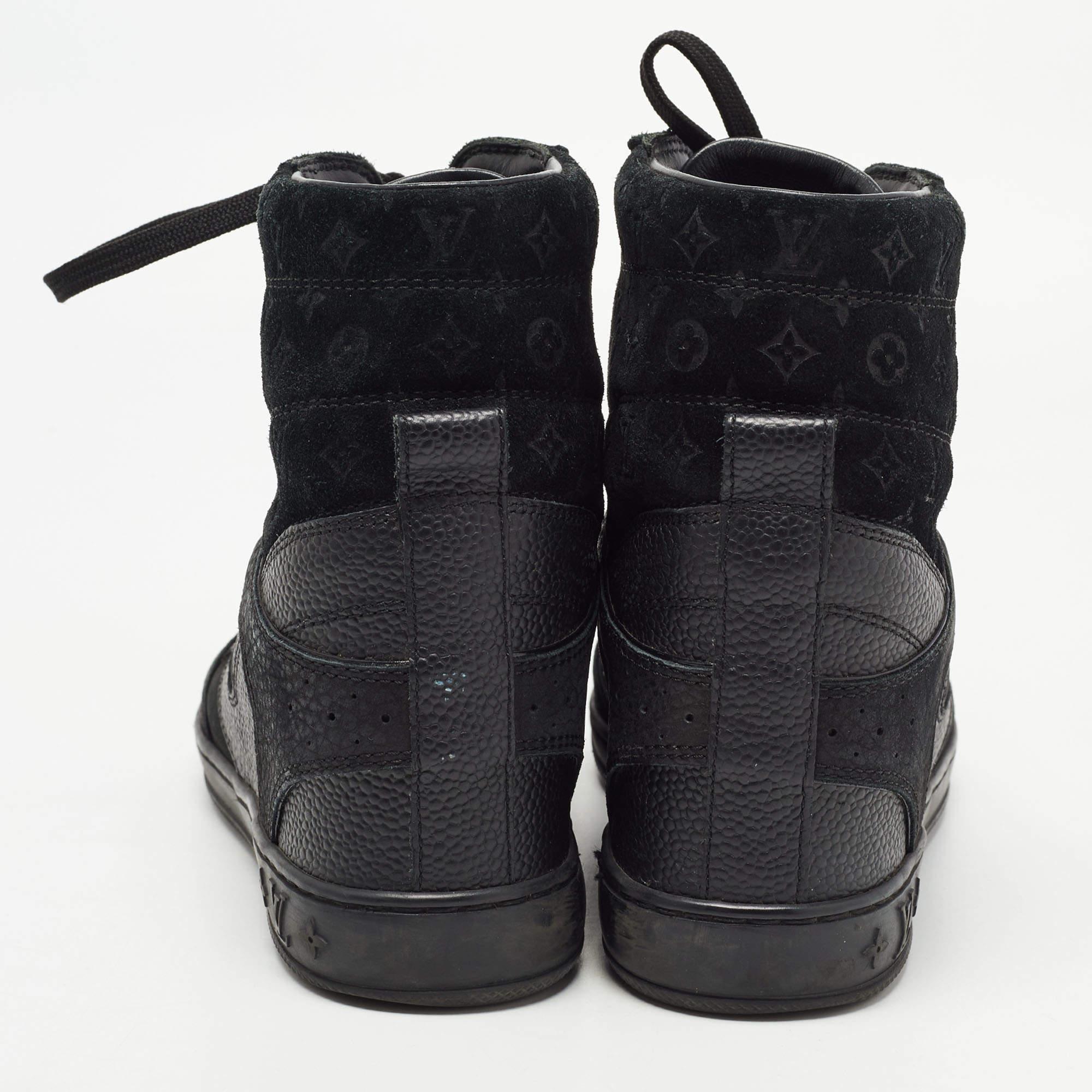 Louis Vuitton Black Leather and Monogram Suede Cliff High Top Sneakers Size 35 In Good Condition In Dubai, Al Qouz 2