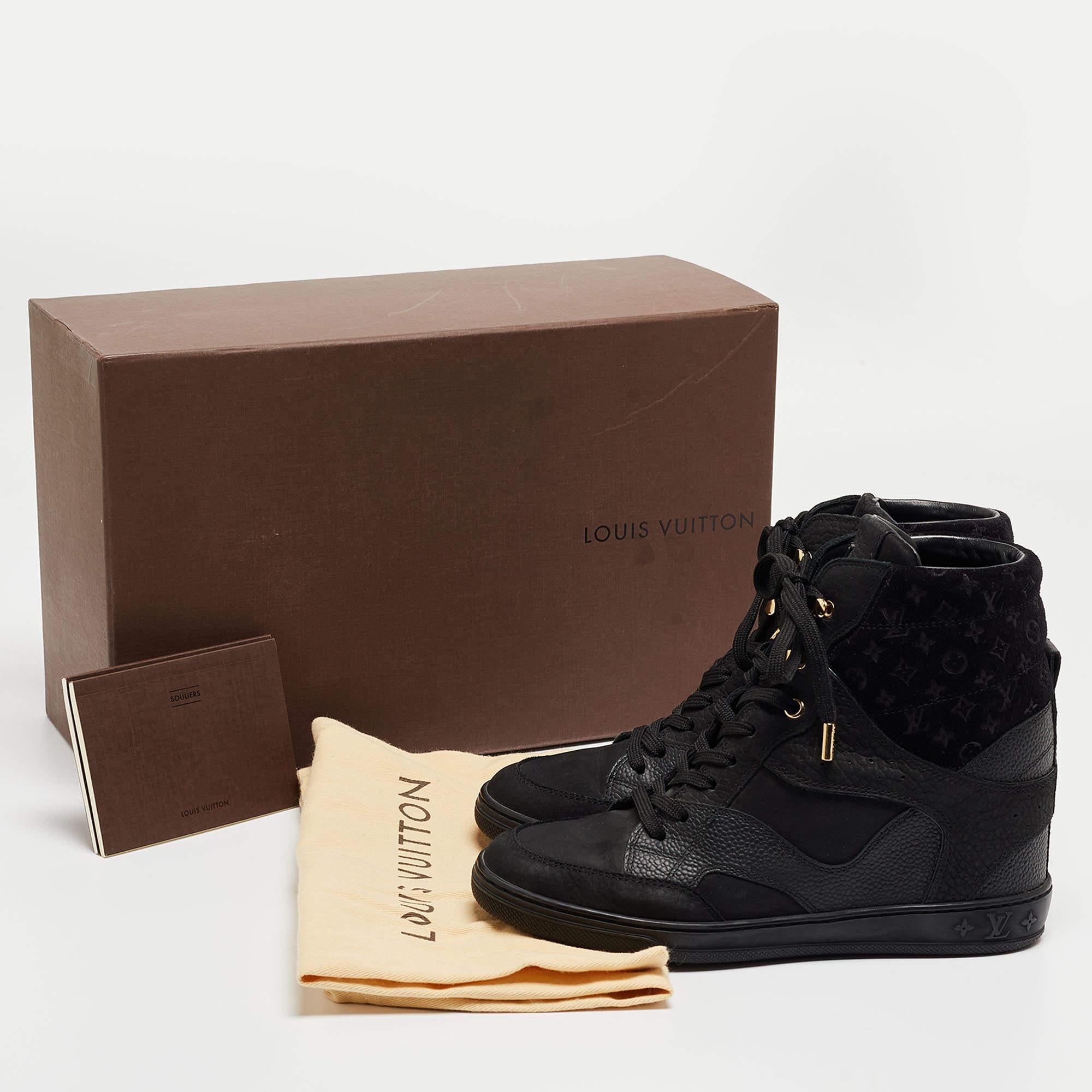 Louis Vuitton Black Leather and Monogram Suede Cliff Wedge Sneakers Size 37 For Sale 2