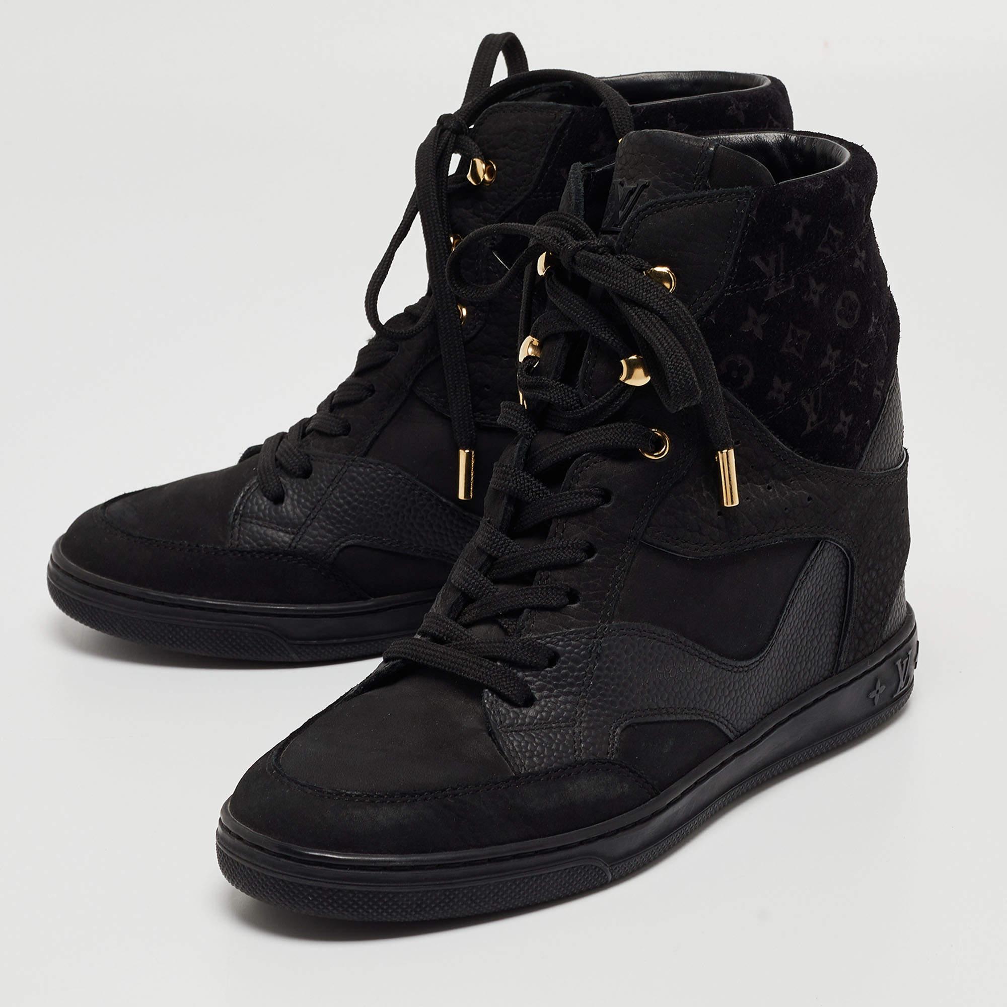 Louis Vuitton Black Leather and Monogram Suede Cliff Wedge Sneakers Size 37 For Sale 4