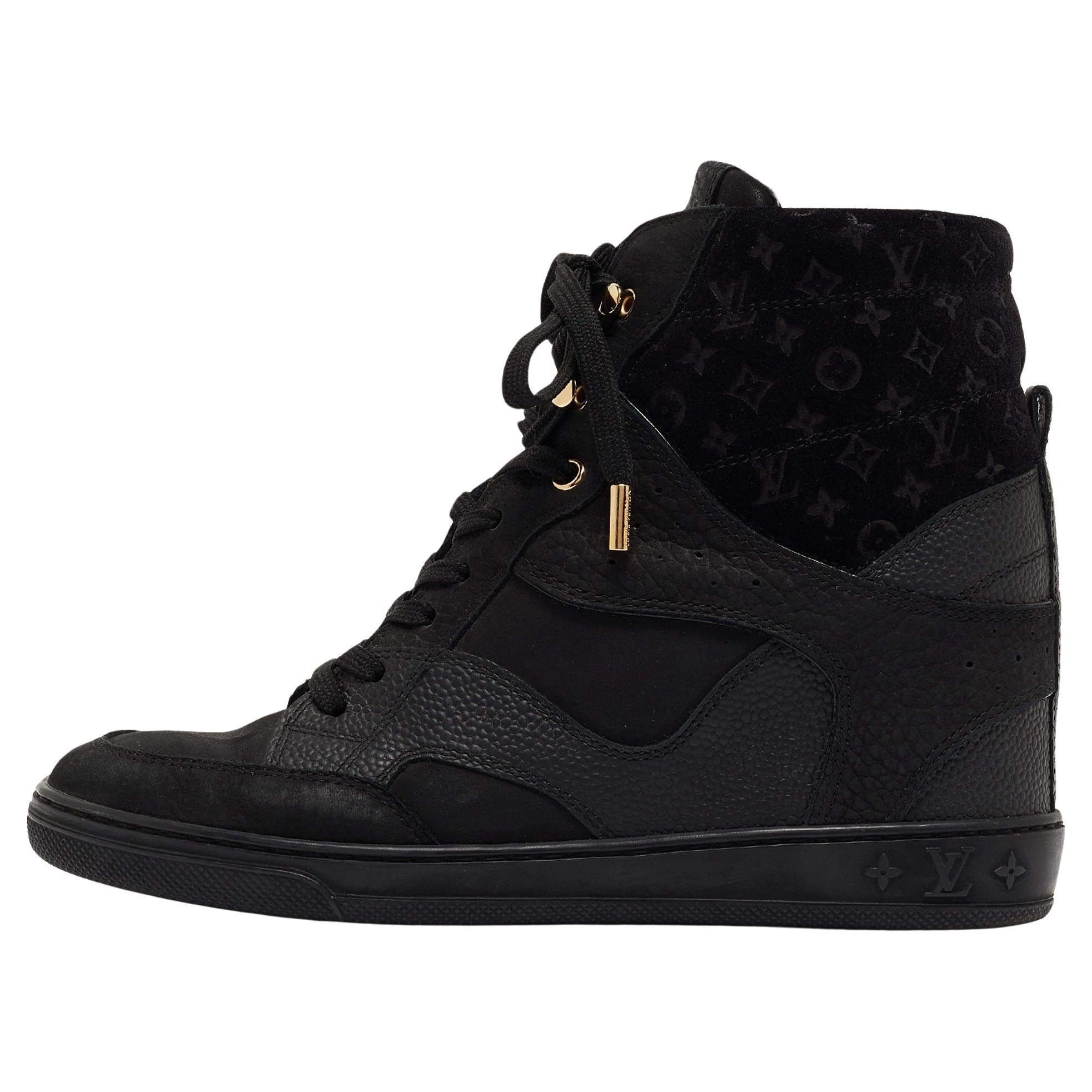 Louis Vuitton Black Leather and Monogram Suede Cliff Wedge Sneakers Size 37 For Sale