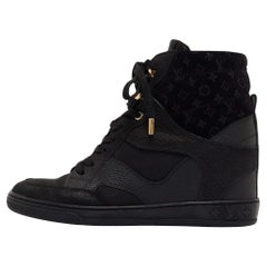 Louis Vuitton Black Leather and Monogram Suede Cliff Wedge Sneakers Size 37