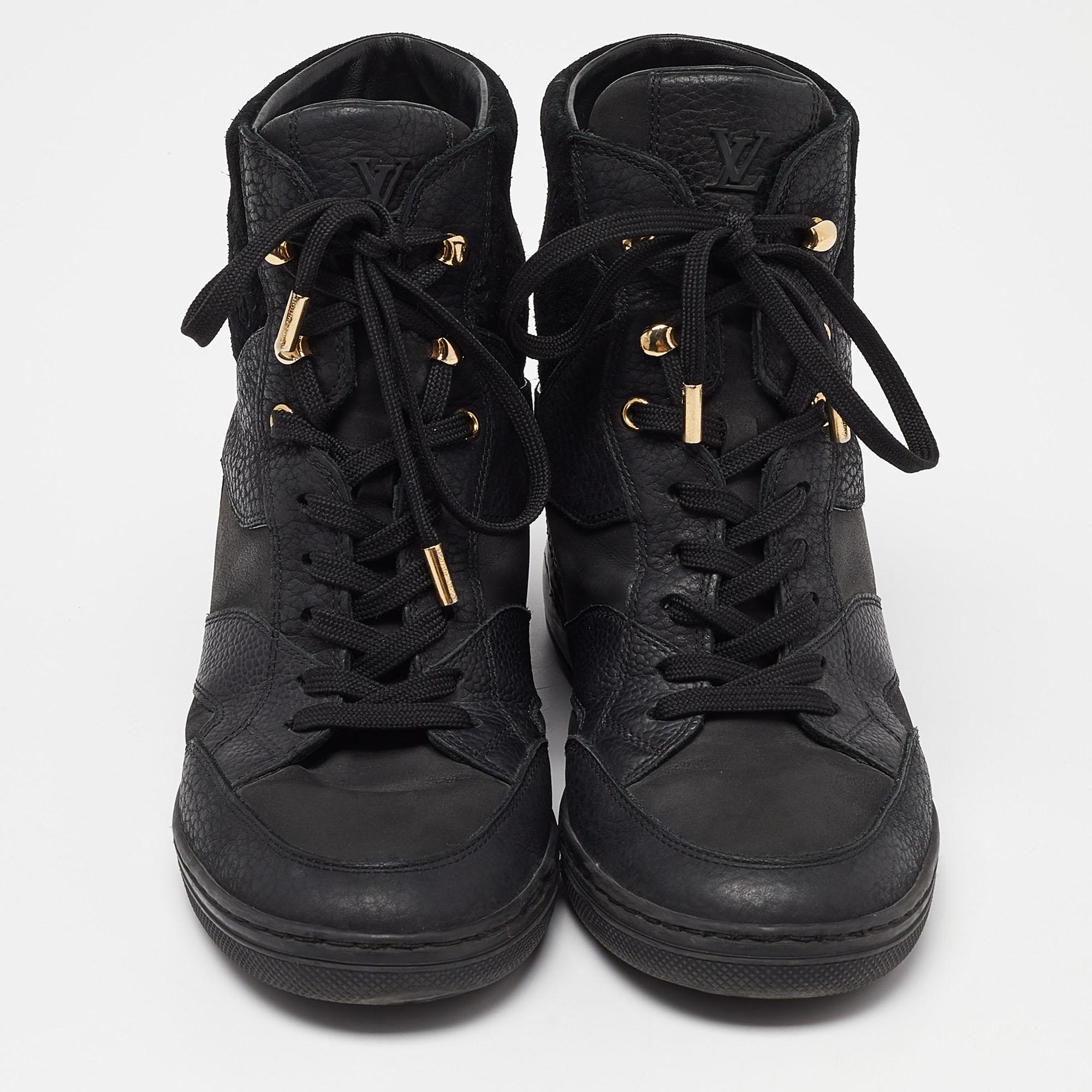 Louis Vuitton Black Leather and Monogram Suede Wedge High Top Sneakers Size 38 In Good Condition In Dubai, Al Qouz 2