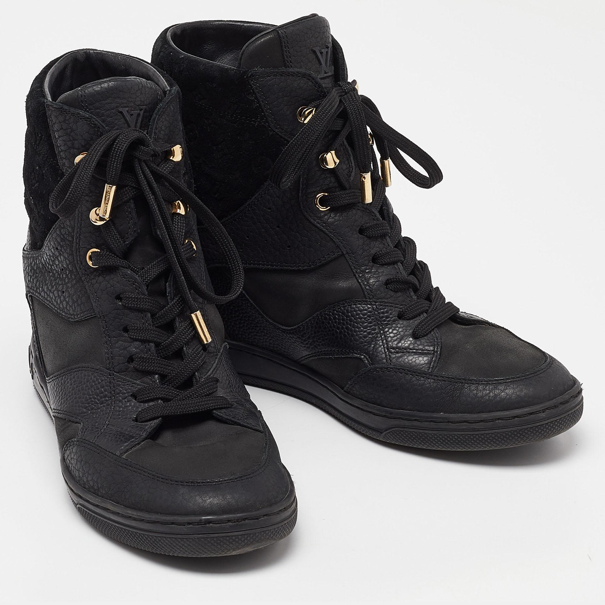 Women's Louis Vuitton Black Leather and Monogram Suede Wedge High Top Sneakers Size 38