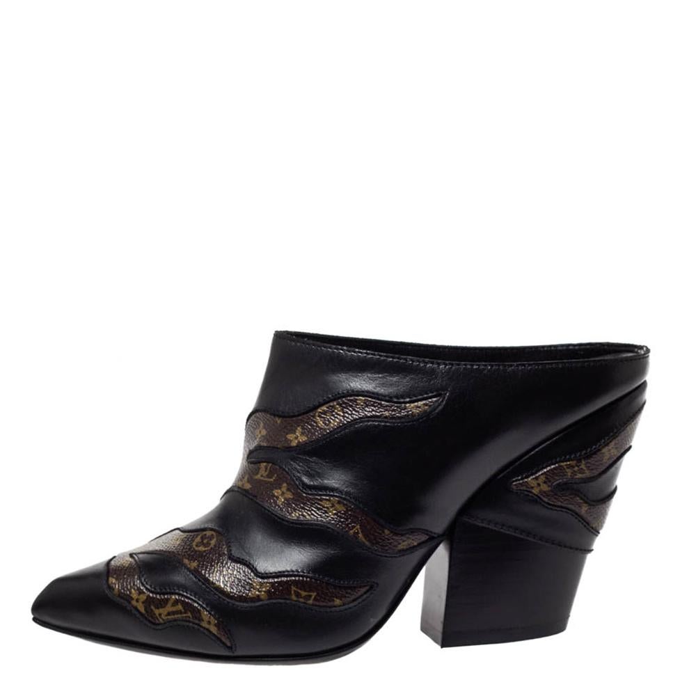 Treat your feet to the best of things by choosing these stunning mules from Louis Vuitton! They are crafted from black leather and monogram trims. They are designed with pointed toes, a comfortable silhouette and block heels. They are finished with