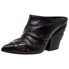 Louis Vuitton Black Leather And Monogram Trim Pointed Toe Mules Size 37