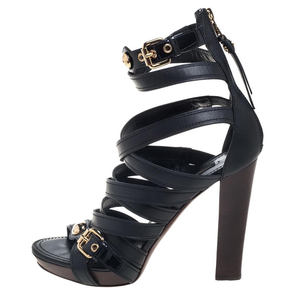 Louis Vuitton Black Leather And Patent Leather Strappy Sandals Size 38 1