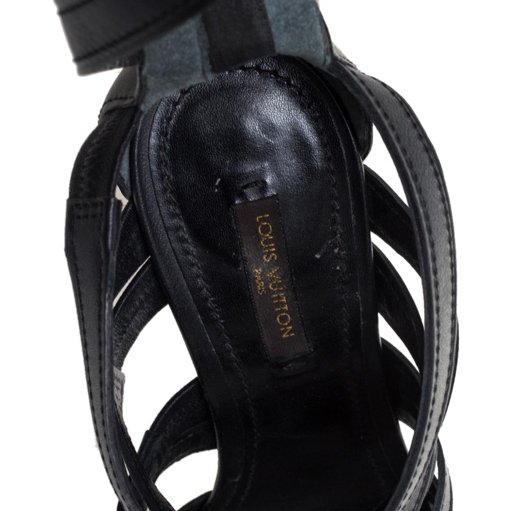 Louis Vuitton Black Leather And Patent Leather Strappy Sandals Size 38 2