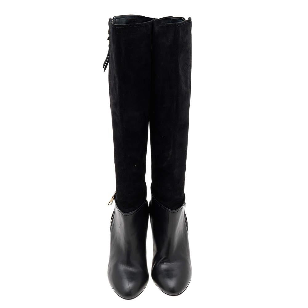  Louis Vuitton Black Leather And Suede Knee Length Boots Size 39.5 In Good Condition In Dubai, Al Qouz 2