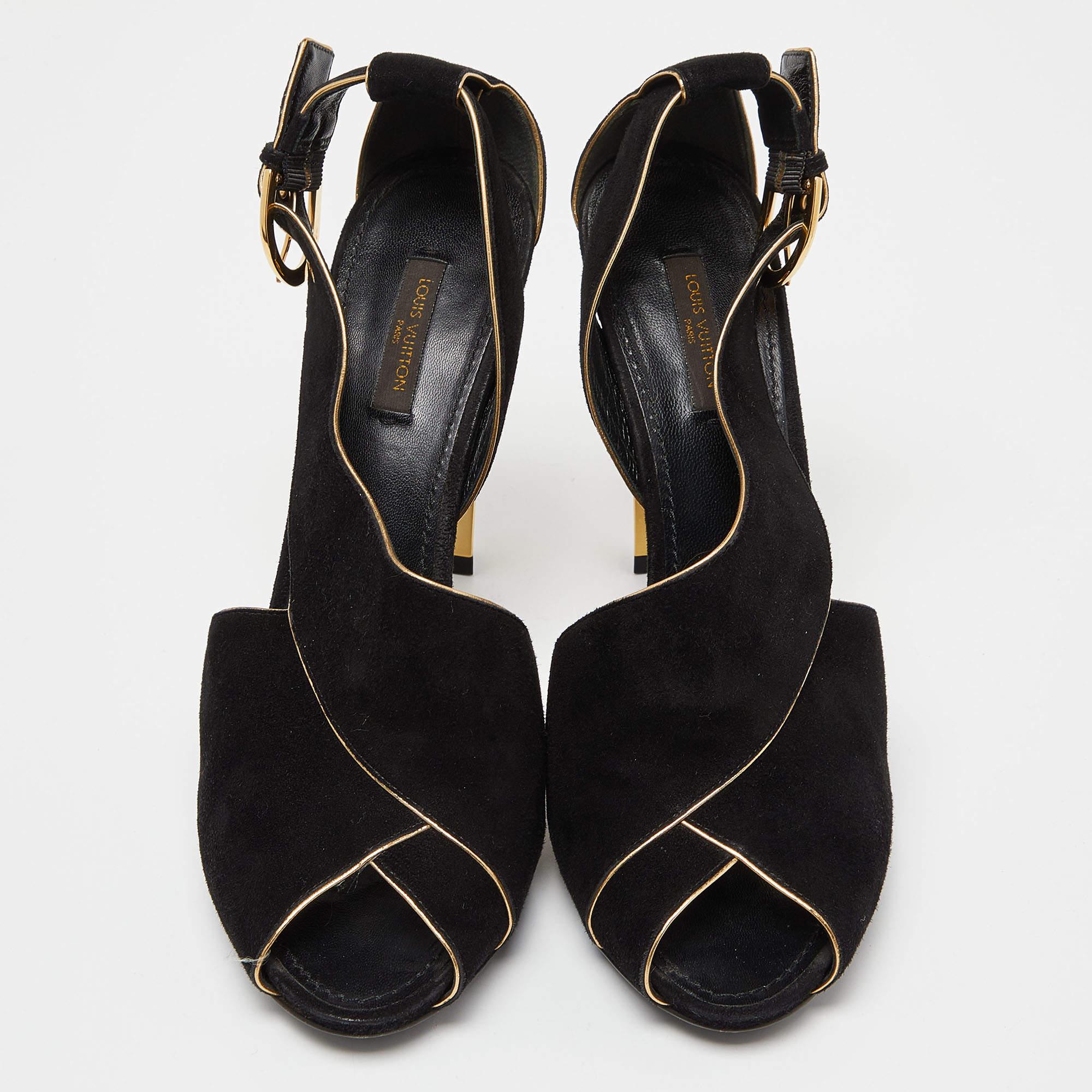 Noir Louis Vuitton Sandales à talon en cuir et daim noir Taille 41 en vente