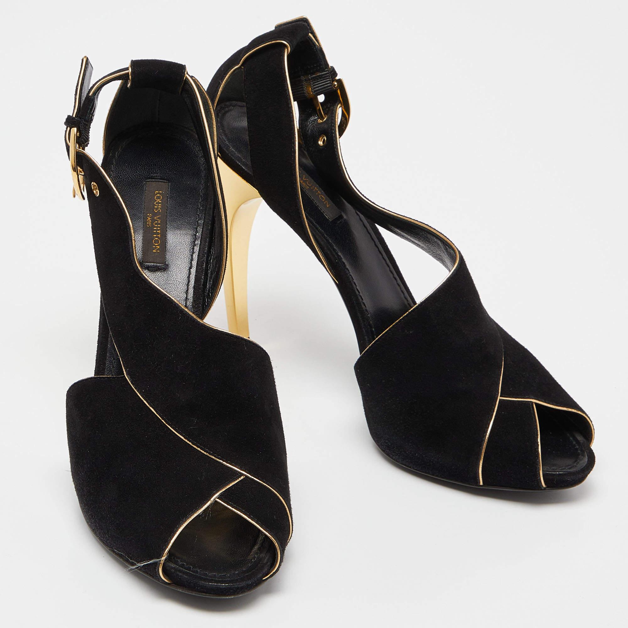 Louis Vuitton Sandales à talon en cuir et daim noir Taille 41 Bon état - En vente à Dubai, Al Qouz 2