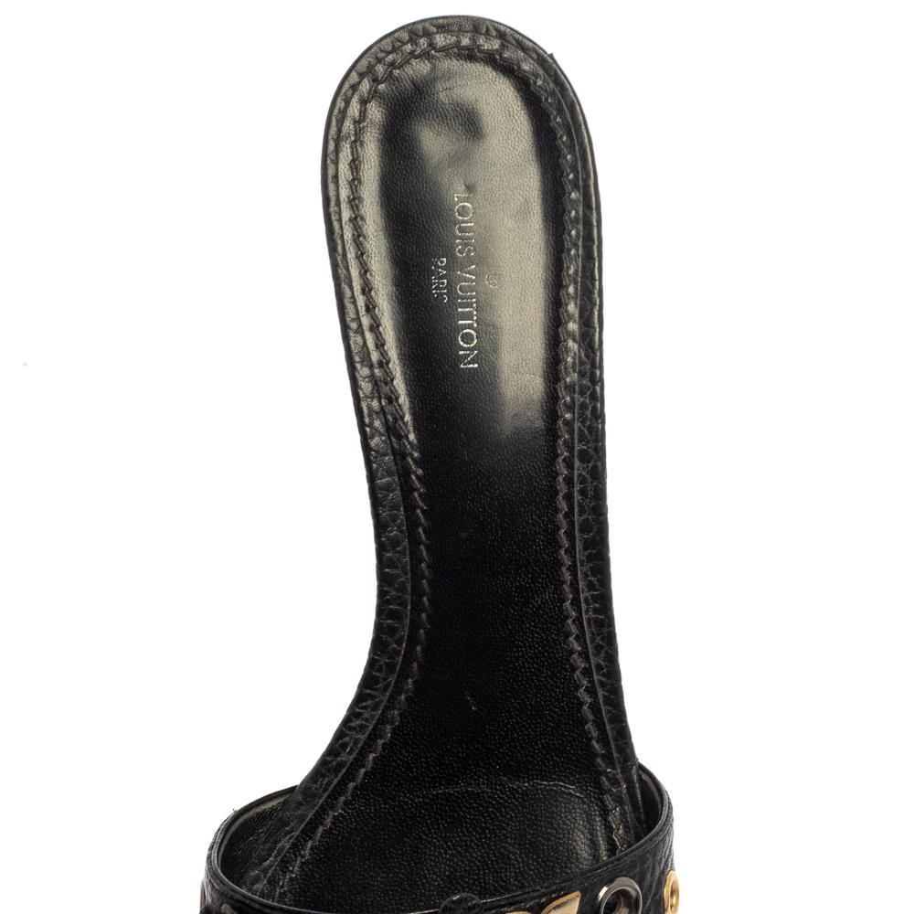 Women's Louis Vuitton Black Leather Applique Embellished Block Heel Sandals Size 37