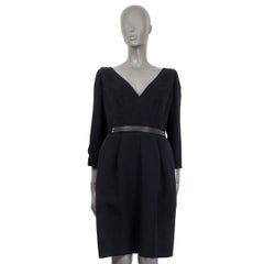 LOUIS VUITTON black LEATHER BELTED 3/4 SLEEVE Dress 44 XL