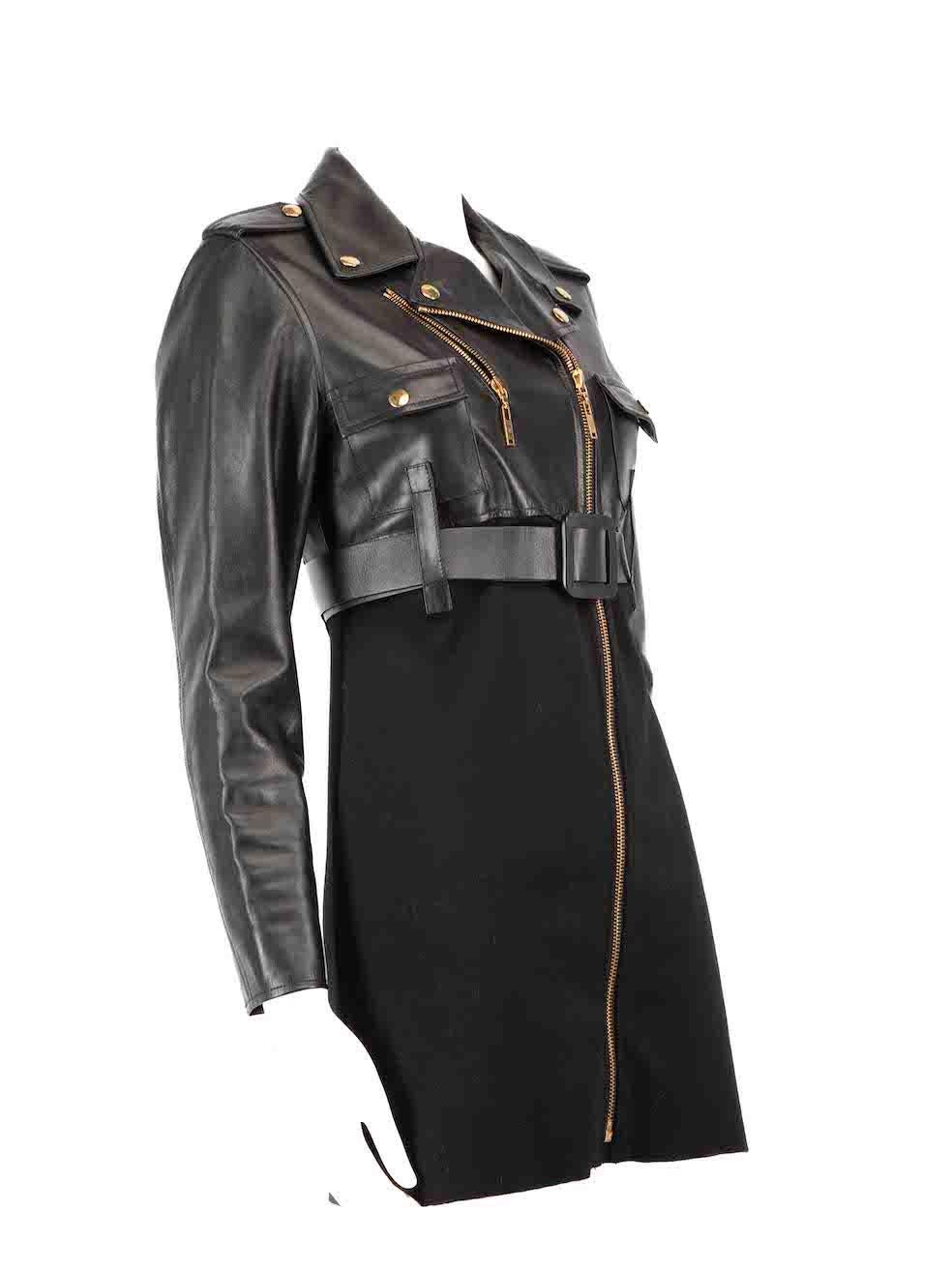 CONDITION is Very good. Hardly any visible wear to dress is evident on this used Louis Vuitton designer resale item.
 
 
 
 Details
 
 
 Black
 
 Leather
 
 Dress
 
 Biker jacket detail top
 
 Knitted stretchy skirt
 
 Front zip fastening
 
 Long