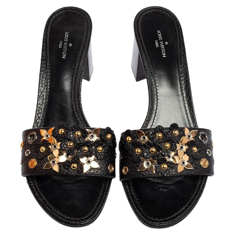 Louis Vuitton Black Leather Block Heel Slide Sandals Size 38 In Good Condition In Dubai, Al Qouz 2