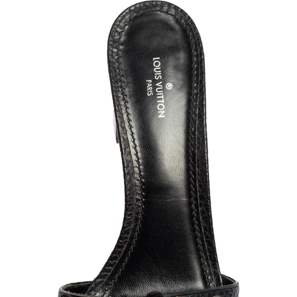 Women's Louis Vuitton Black Leather Block Heel Slide Sandals Size 38
