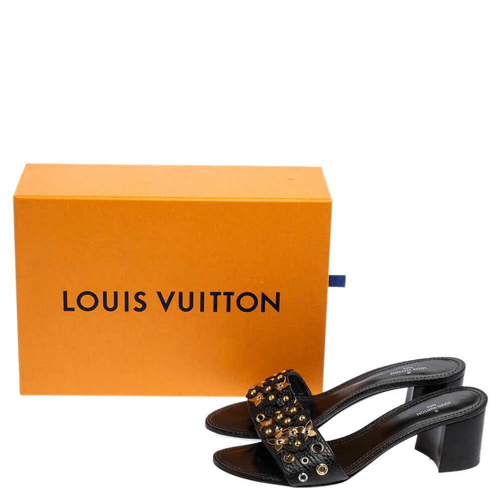 Louis Vuitton Black Leather Block Heel Slide Sandals Size 38 2