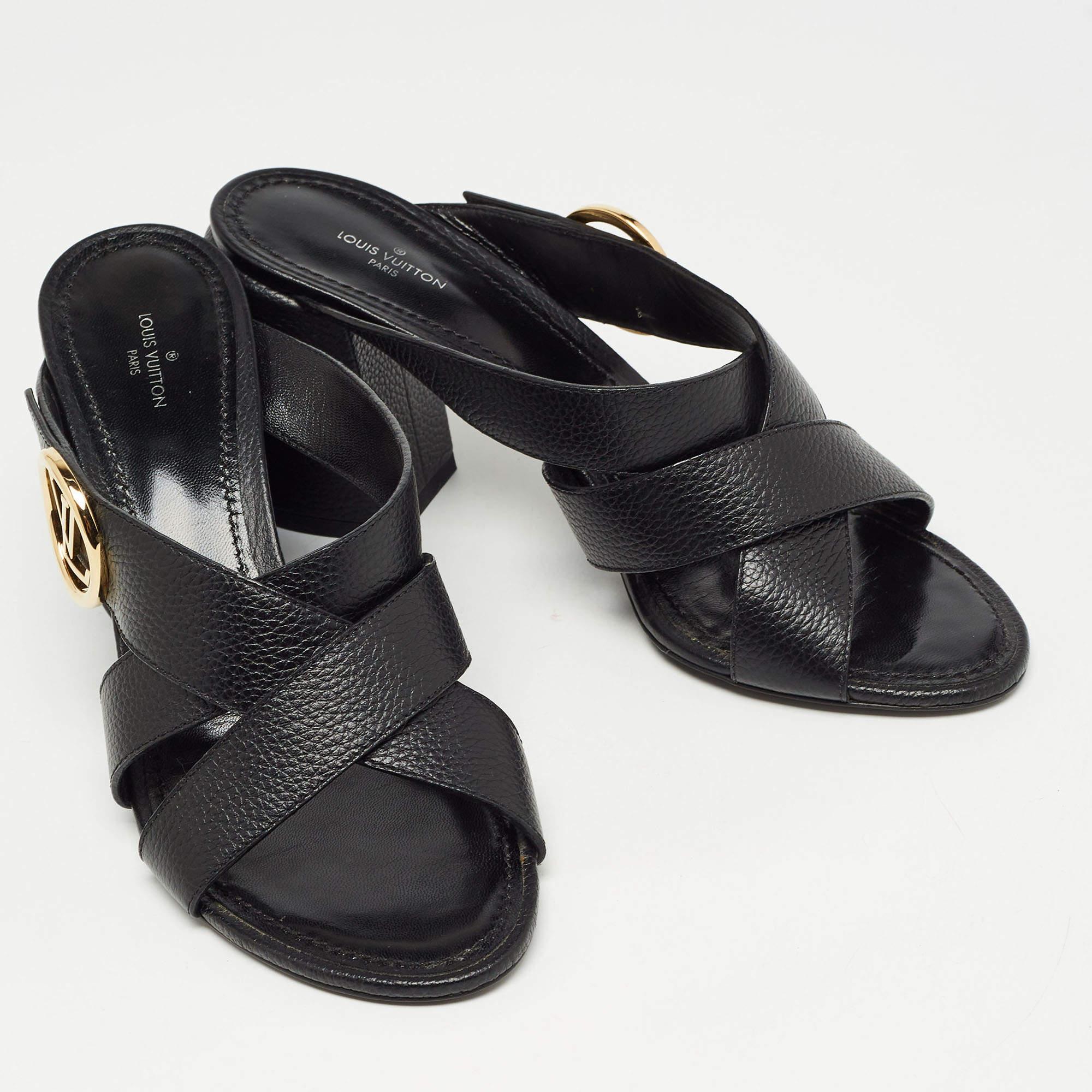Louis Vuitton Black Leather Block Heel Slide Sandals Size 40 In Good Condition In Dubai, Al Qouz 2