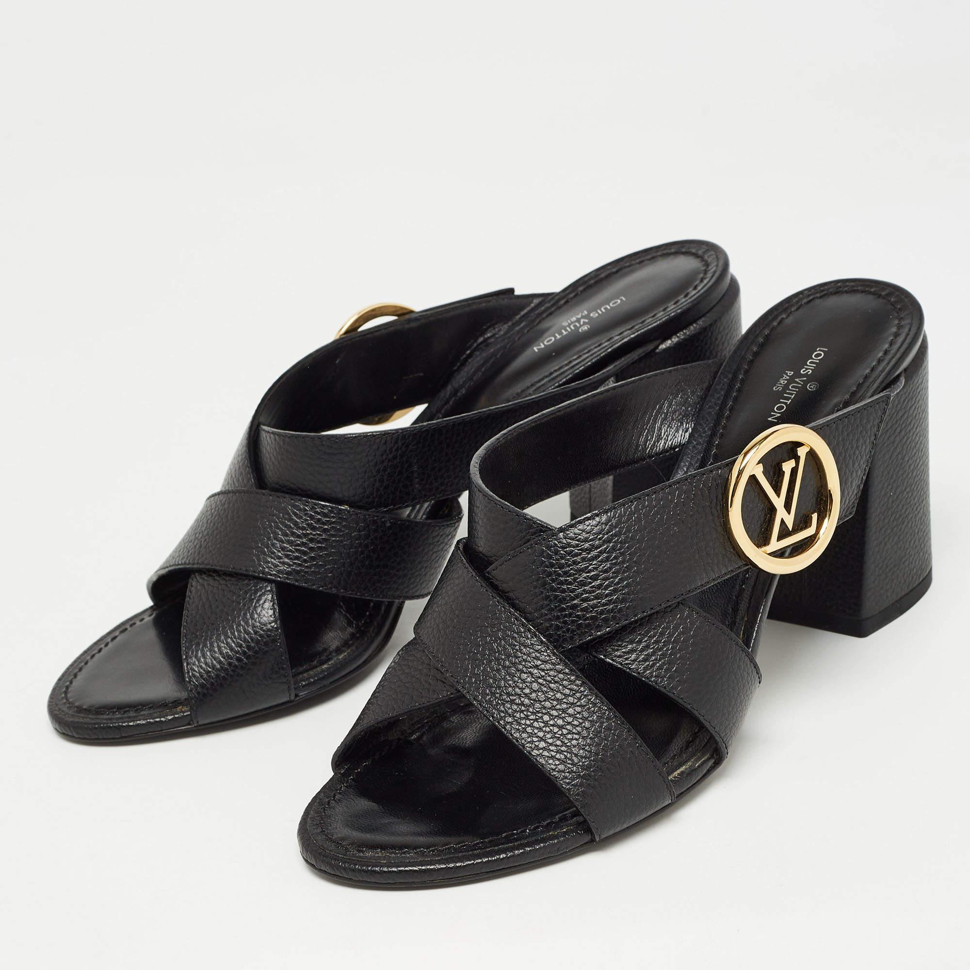 Louis Vuitton Black Leather Block Heel Slide Sandals Size 40 4